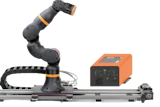 Collaborative robotic arm with orange control unit on linear rail system for industrial automation