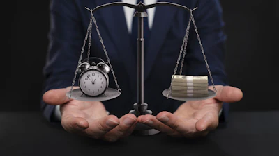 Businessman balancing time and money on scales of justice, representing work-life balance and financial priorities