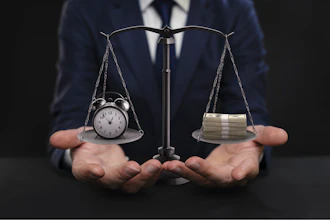 Businessman balancing time and money on scales of justice, representing work-life balance and financial priorities