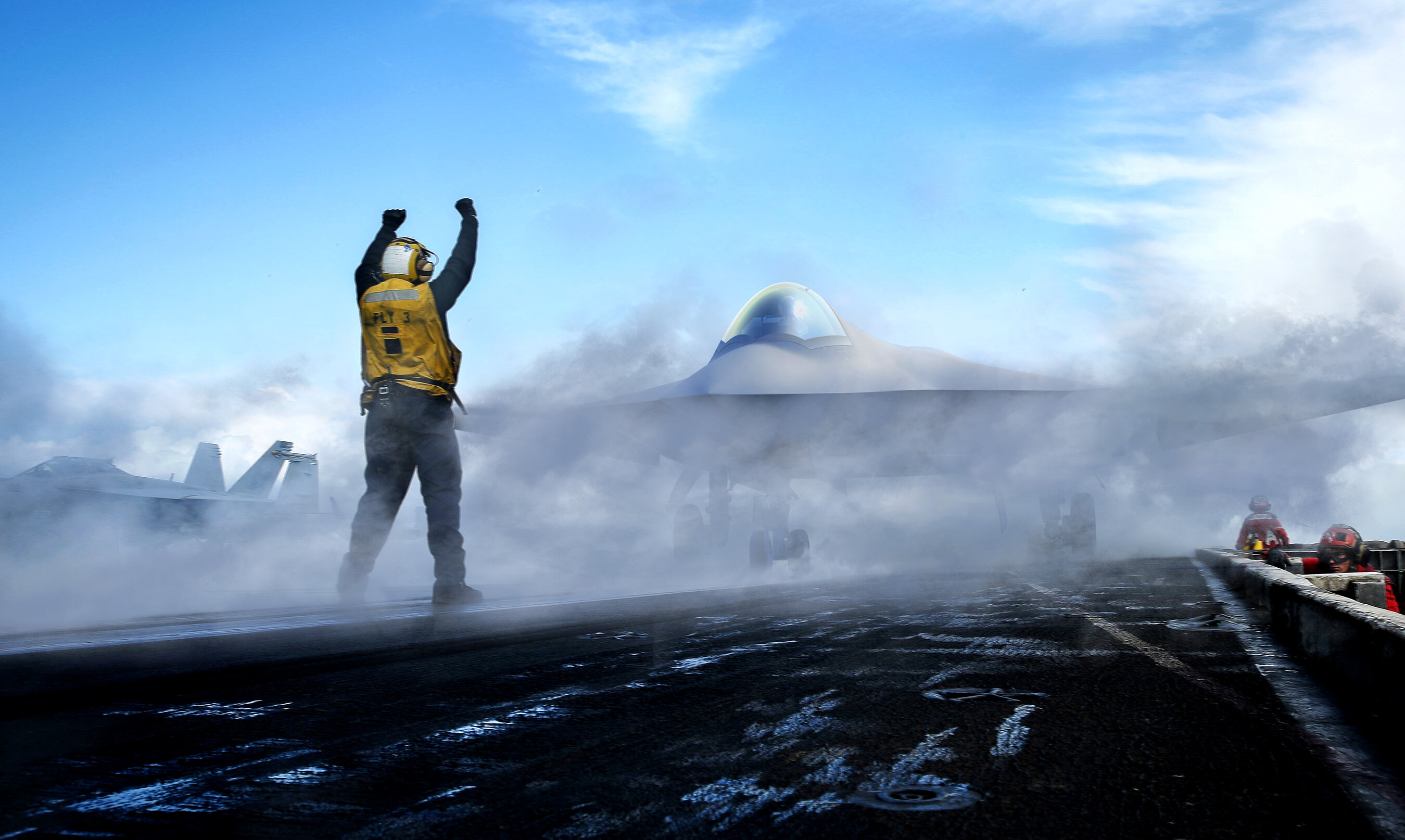 Person in yellow vest stands triumphantly on volcanic landscape with UFO and spacecraft visible in cloudy sky