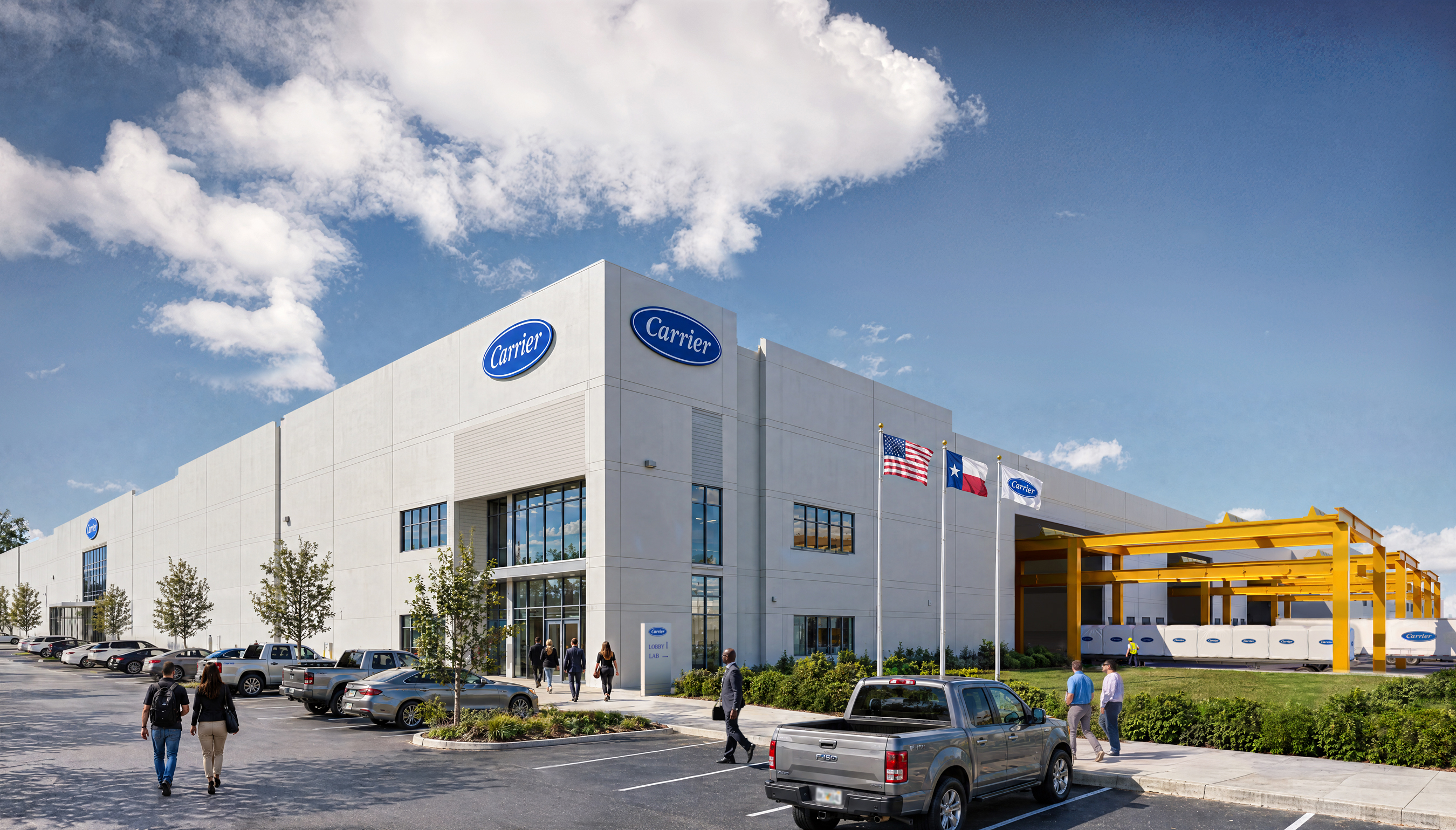 Modern Carrier HVAC dealership facility with white exterior, blue signage, and yellow equipment canopy under blue sky