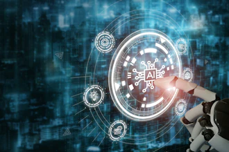 Robot hand touching holographic AI interface with Korean text and tech symbols on digital cityscape background