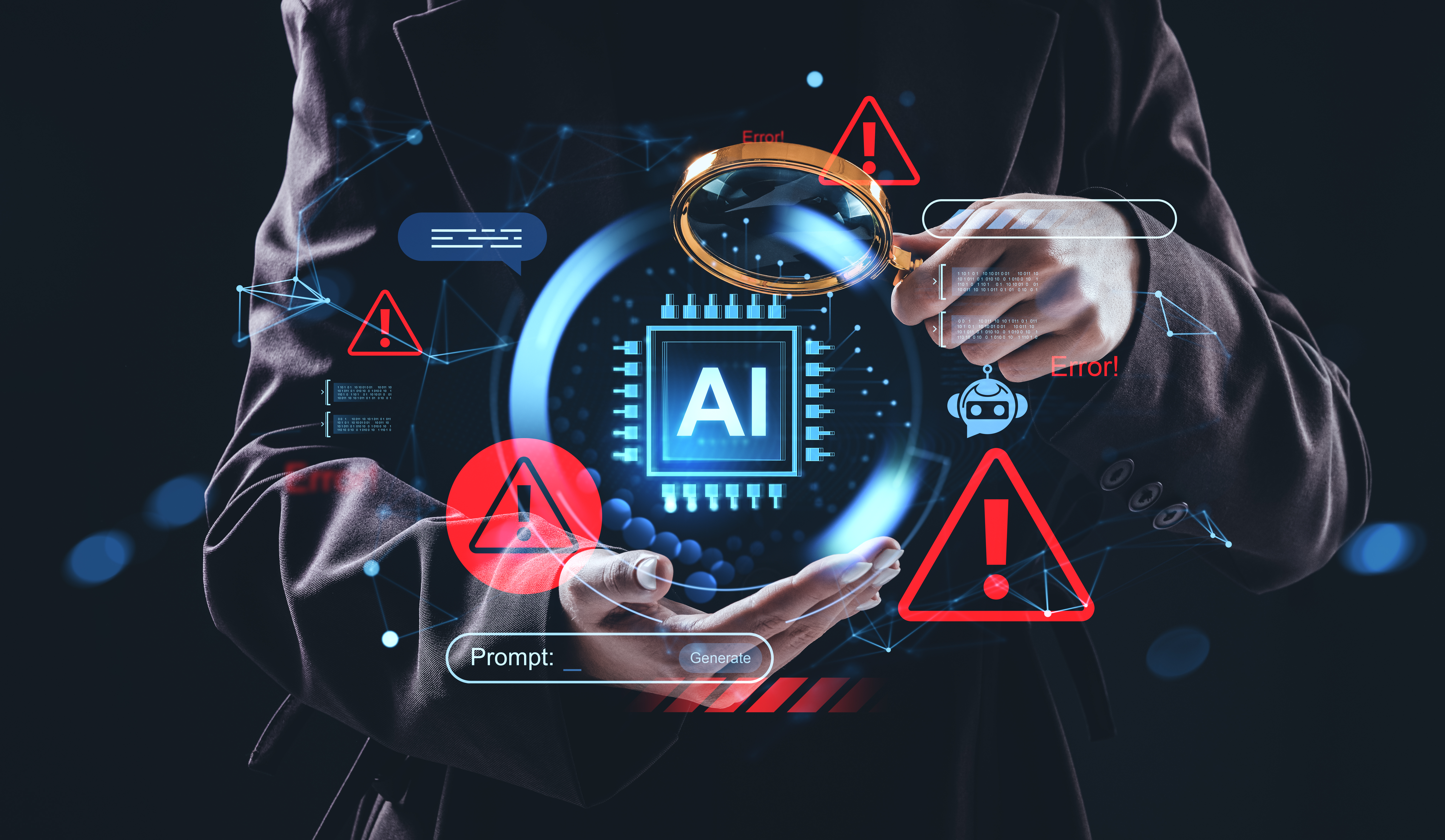 Person holding digital AI chip interface with warning alerts and error monitoring symbols on dark background