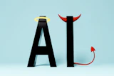 Stylized letters A and I with angel halo and devil horns symbolizing good versus evil contrast