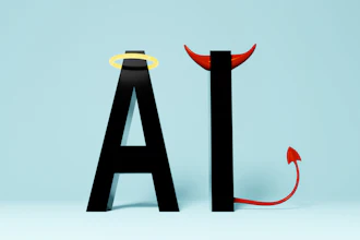 Stylized letters A and I with angel halo and devil horns symbolizing good versus evil contrast