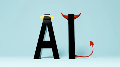 Stylized letters A and I with angel halo and devil horns symbolizing good versus evil contrast