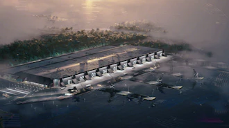 Architectural rendering of a modern waterfront facility with numbered bays overlooking misty landscape and water