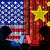 Silhouetted hackers at laptops facing each other against US and Chinese flag backgrounds with binary code and stars, representing cyber conflict.