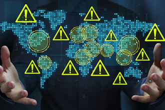 Global cybersecurity threat visualization with warning symbols and digital network indicators on world map