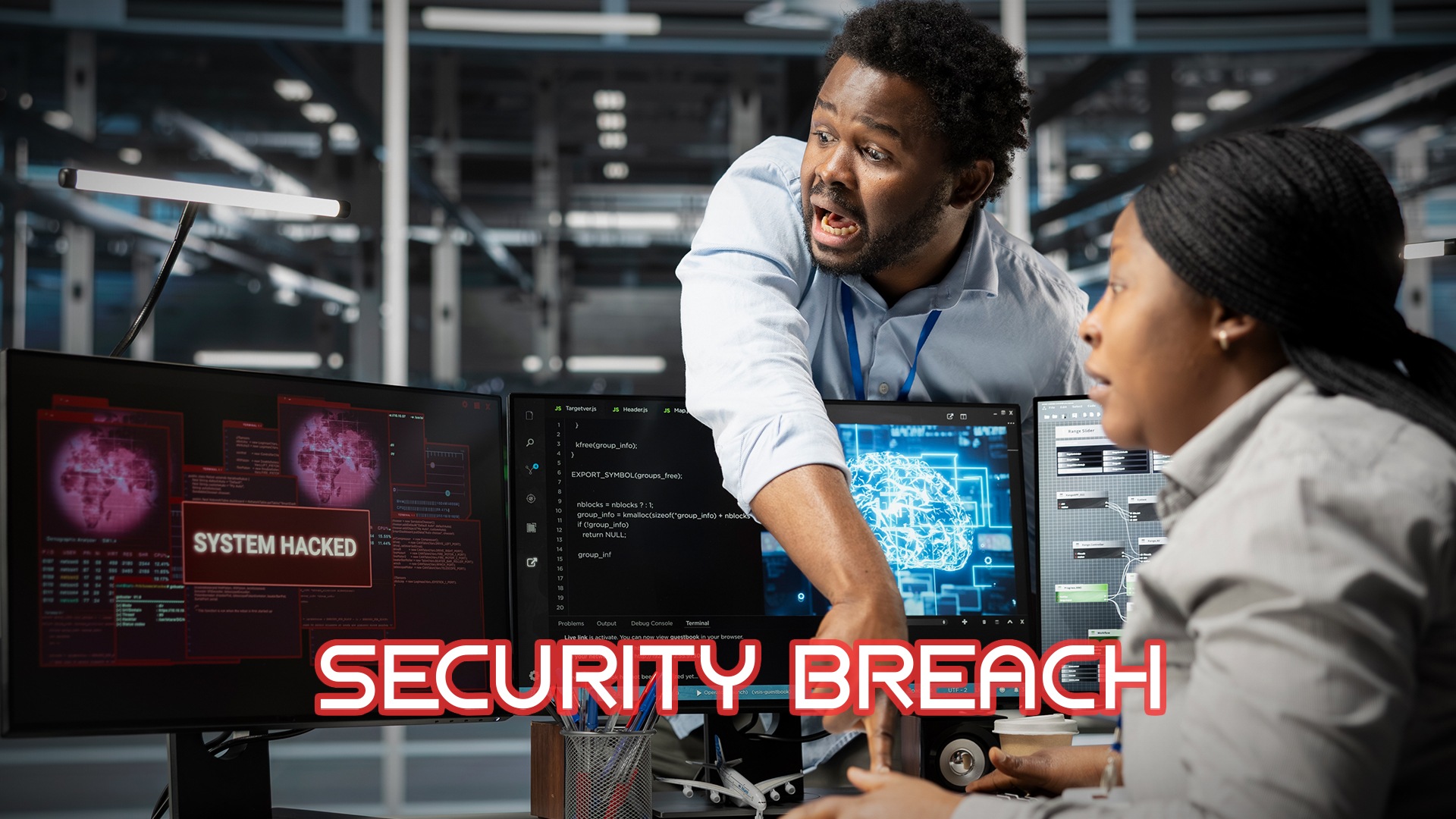 Two cybersecurity professionals monitoring computer screens displaying system hacked alerts and code in a data center environment