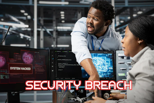 Two cybersecurity professionals monitoring computer screens displaying system hacked alerts and code in a data center environment