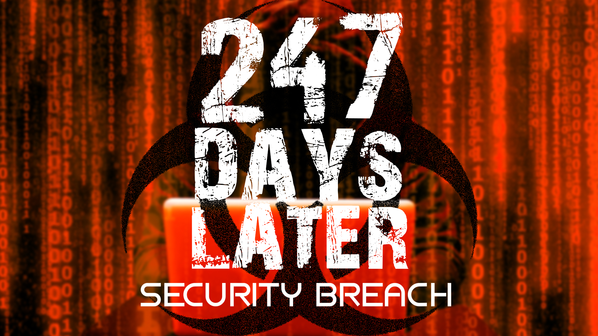 Hooded figure with digital rain background and '267 Days Later Security Breach' text overlay in white and red