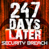 Hooded figure with digital rain background and '267 Days Later Security Breach' text overlay in white and red