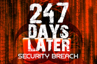 Hooded figure with digital rain background and '267 Days Later Security Breach' text overlay in white and red