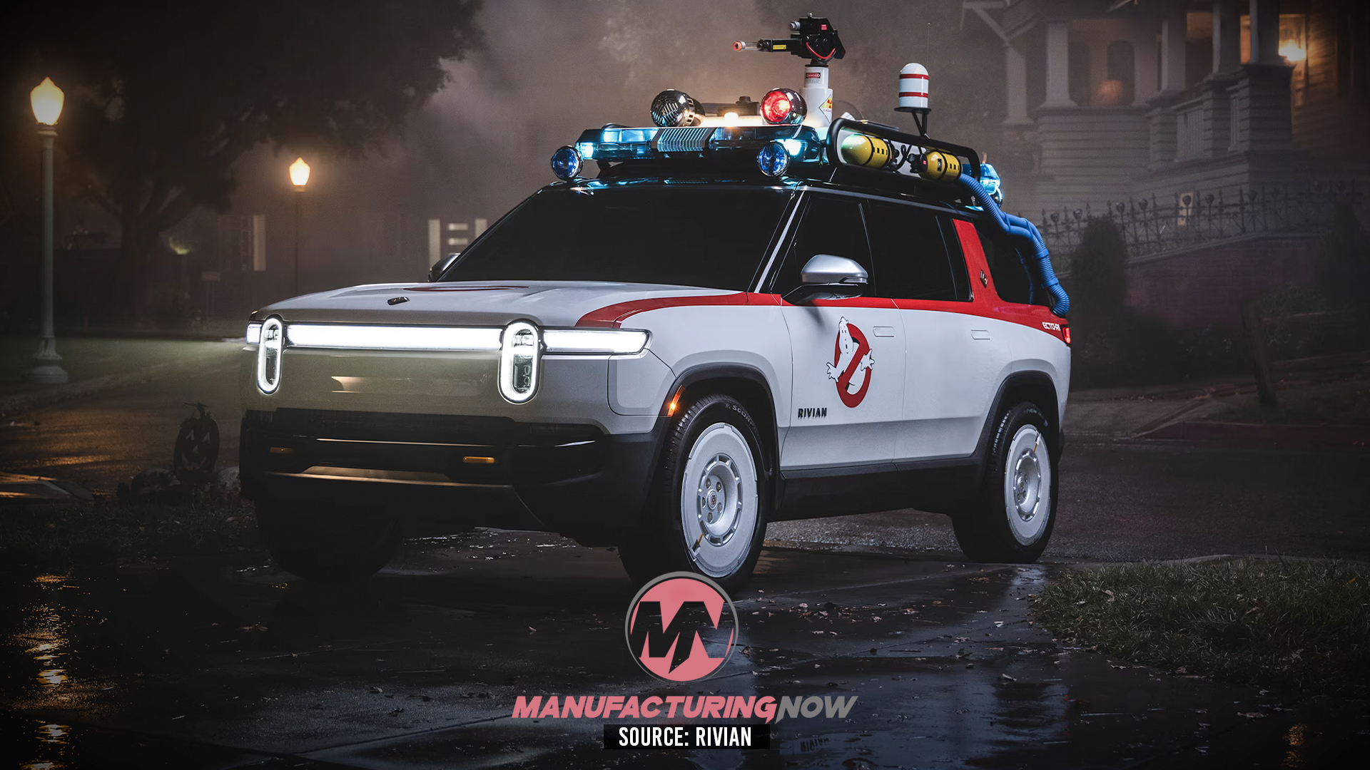 Rivian R1S electric SUV styled as Ghostbusters vehicle with roof-mounted equipment in nighttime urban setting