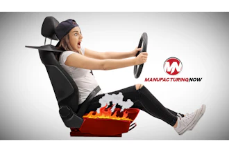 Woman racing video game with flaming controller and Manufacturing Now logo