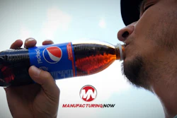 Man drinking from a Pepsi bottle against a cloudy sky with Manufacturing Now branding