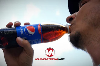 Man drinking from a Pepsi bottle against a cloudy sky with Manufacturing Now branding