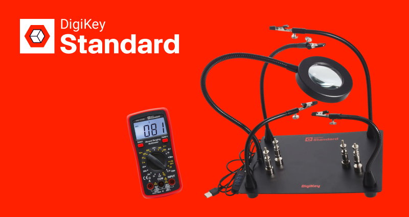 DigiKey Standard electronic testing equipment including digital multimeter and circuit board analyzer on red background
