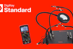 DigiKey Standard electronic testing equipment including digital multimeter and circuit board analyzer on red background