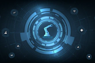 Industry 4.0 technology ecosystem with robotic arm icon surrounded by connected smart manufacturing and automation symbols