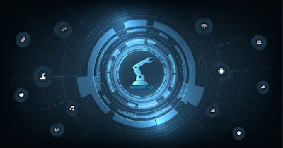 Industry 4.0 technology ecosystem with robotic arm icon surrounded by connected smart manufacturing and automation symbols