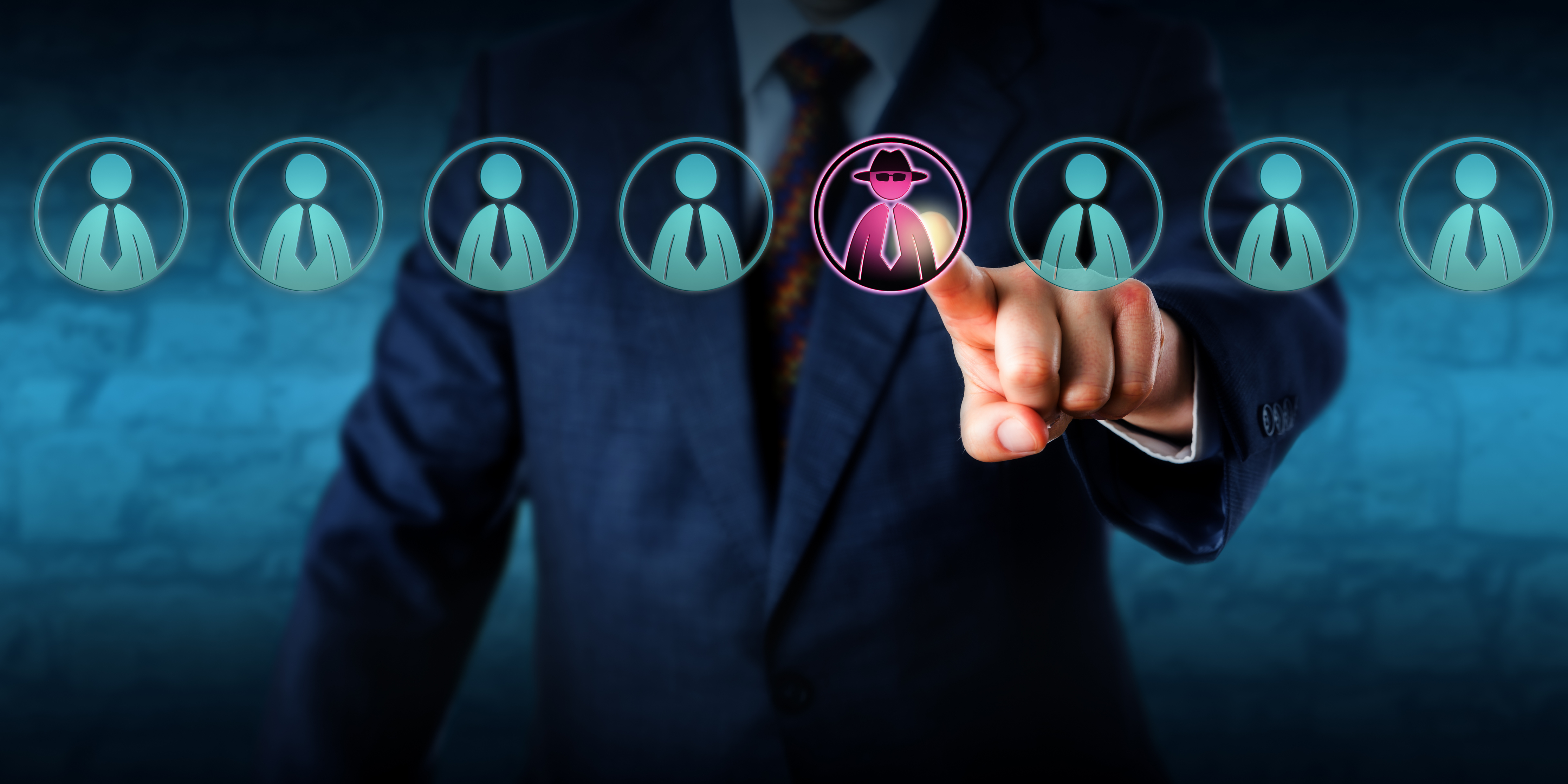 Businessman selecting a highlighted candidate from a row of professional profile icons in a digital recruitment interface
