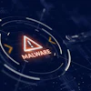 Malware warning alert with red triangle icon and neon glow on dark blue digital security background
