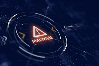 Malware warning alert with red triangle icon and neon glow on dark blue digital security background