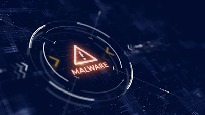 Malware warning alert with red triangle icon and neon glow on dark blue digital security background