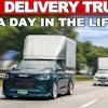 Three Isuzu delivery trucks with white cargo boxes driving on a highway, illustrating Thai delivery services in daily operation