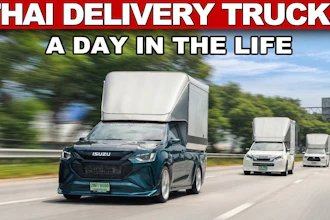Three Isuzu delivery trucks with white cargo boxes driving on a highway, illustrating Thai delivery services in daily operation