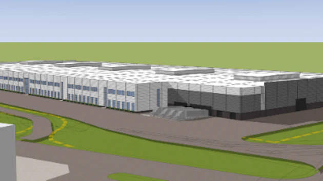 Architectural rendering of modern industrial facility with white buildings, green landscaping, and curved driveway