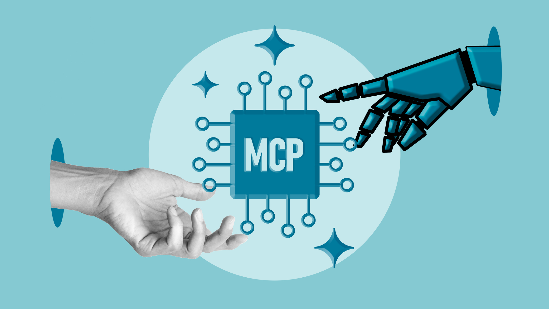 Human and robotic hands exchanging an MCP microchip with circuit connections and sparkles on teal background