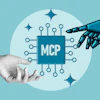 Human and robotic hands exchanging an MCP microchip with circuit connections and sparkles on teal background