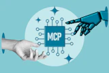 Human and robotic hands exchanging an MCP microchip with circuit connections and sparkles on teal background