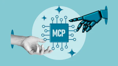 Human and robotic hands exchanging an MCP microchip with circuit connections and sparkles on teal background