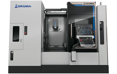 Okuma CNC machining center with open doors showing spindle and control panel
