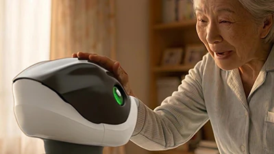 Elderly woman holding white and black robotic device with green indicator light in home setting