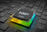NXP S32K5 microprocessor chip on illuminated circuit board with geometric patterns