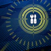White chromosome icon centered in concentric circles with blue grid background and radiating yellow-green lines