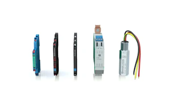 Five industrial electronic sensors and measurement devices displayed in a product lineup arrangement