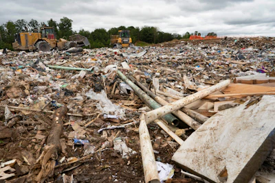 Landfill site with heavy machinery, scattered waste debris, and wooden logs in an industrial waste disposal area