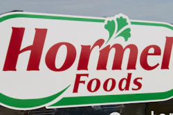Hormel Foods storefront sign with red text and green decorative border featuring parsley leaf icon