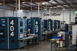 Industrial manufacturing facility with blue CNC machines and Sena CutSend signage on warehouse wall