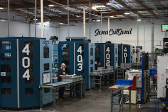 Industrial manufacturing facility with blue CNC machines and Sena CutSend signage on warehouse wall