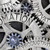 Interconnected gears and cogs with overlaid business and technology keywords representing automation and industrial innovation