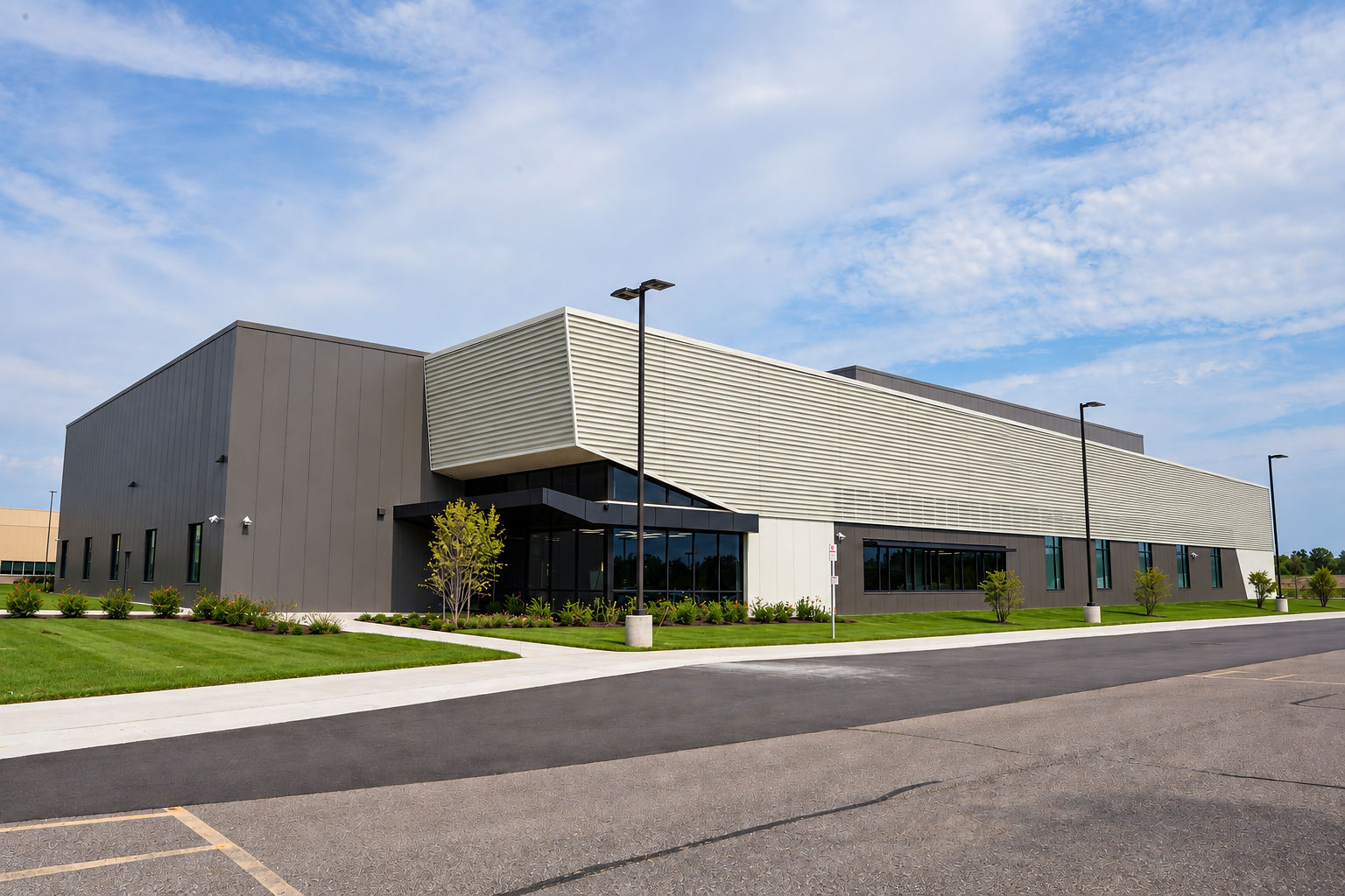 Modern industrial building with metal siding, glass entrance, and manicured landscaping under blue sky