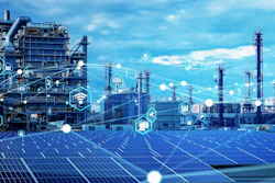 Industrial refinery and solar panel facility with digital connectivity icons representing smart manufacturing and renewable energy integration