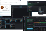 Software development and audio production interface screenshots showing code editor, DAW, and design tool dashboards with dark theme UI